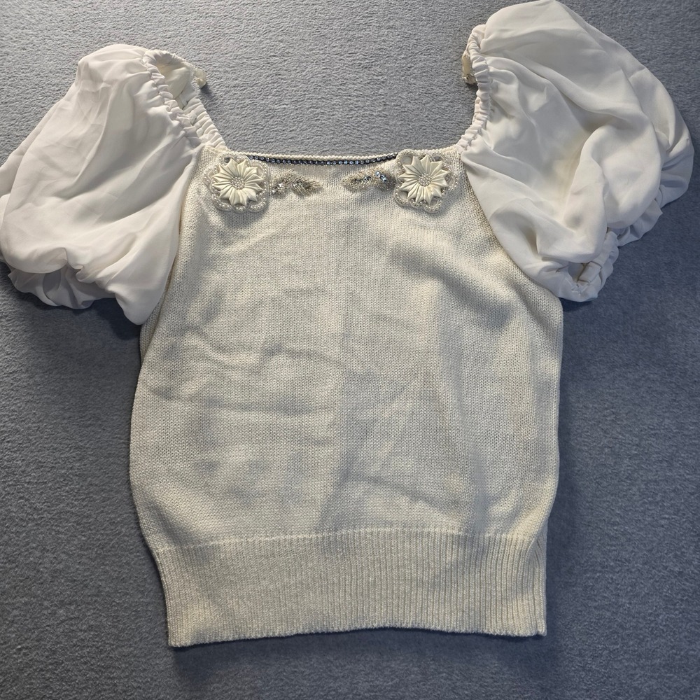 Ann W Knit Top Sheer Puff Sleeve Womens S Ivory Crochet Floral Romantic Blouse